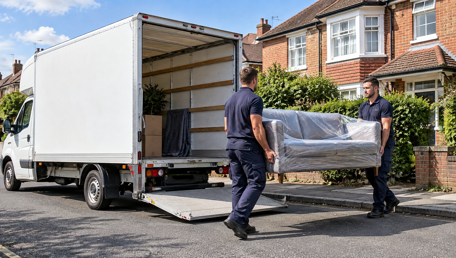 Apex Removals team carrying a wrapped sofa to a white Luton van on a residential street