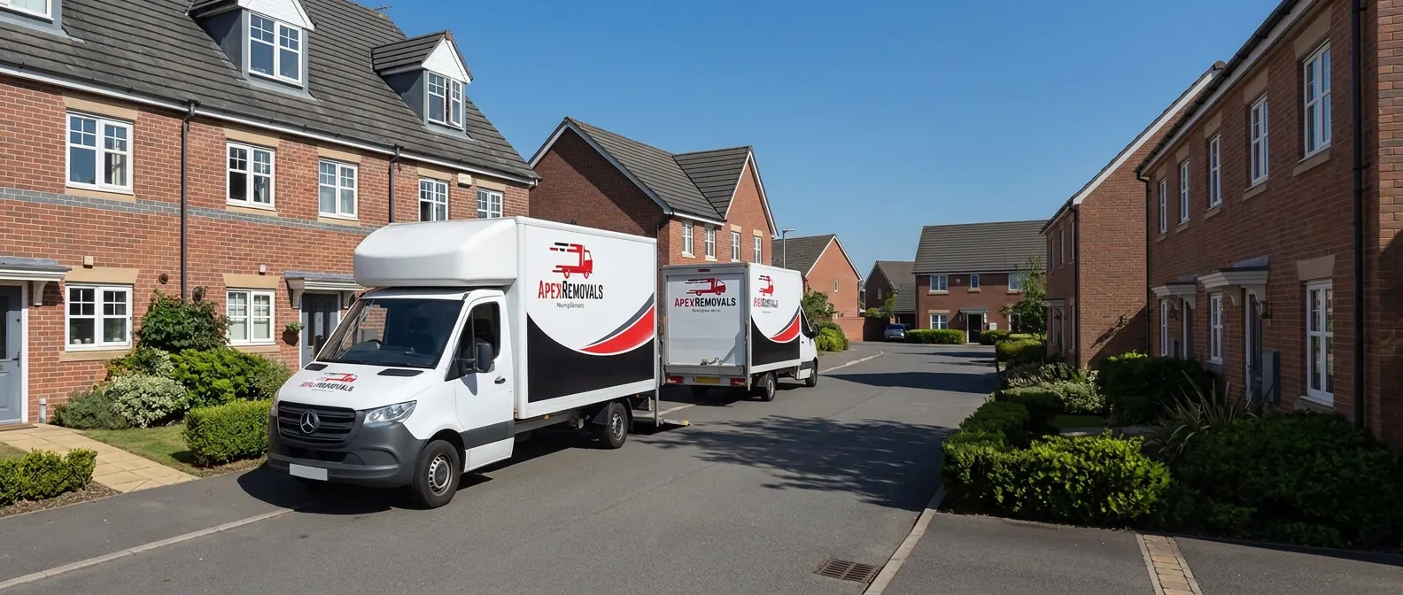 Two white Apex Removals Luton vans outside homes on a residential street