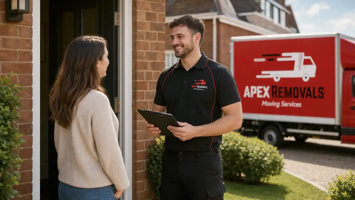 An Apex Removals surveyor with a clipboard talking to a customer at her front door