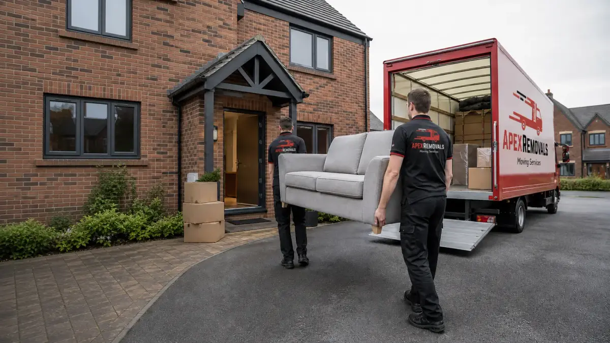 Two Apex Removals team members carefully carrying a sofa into a removal van