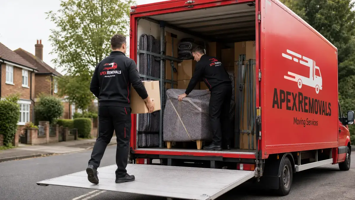 Apex Removals crew loading boxes and wrapped furniture into a red removals lorry for storage