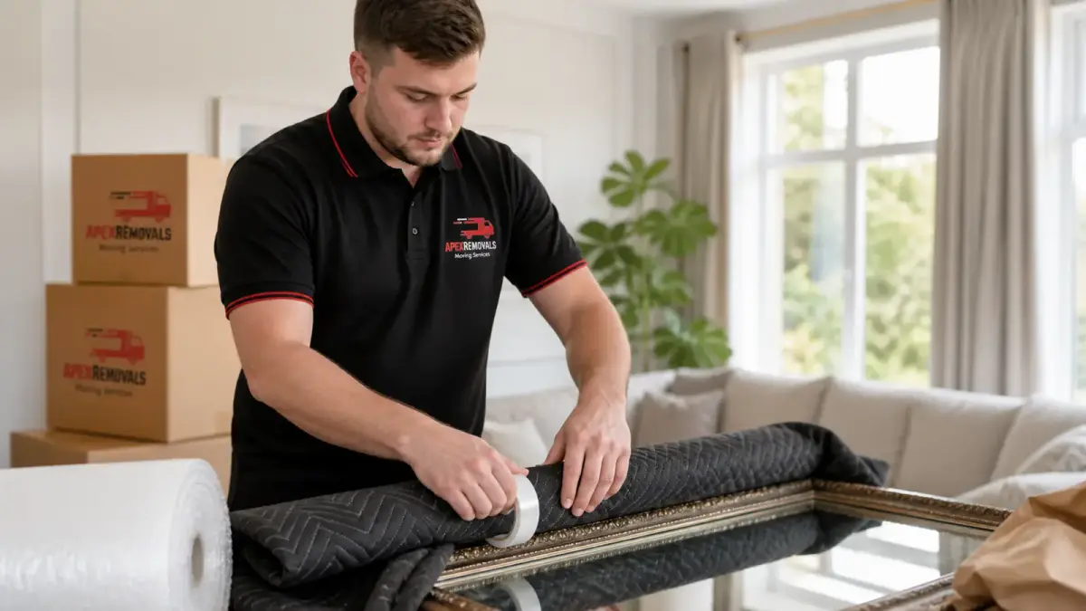 Apex Removals packer wrapping a large framed mirror in protective padding